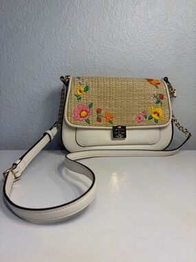 Kate Spade White Floral Embroidered Straw Flap Shoulder/Crossbody Bag